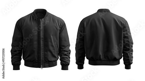 Black men's bomber jacket mockup, front and back view, isolated on white