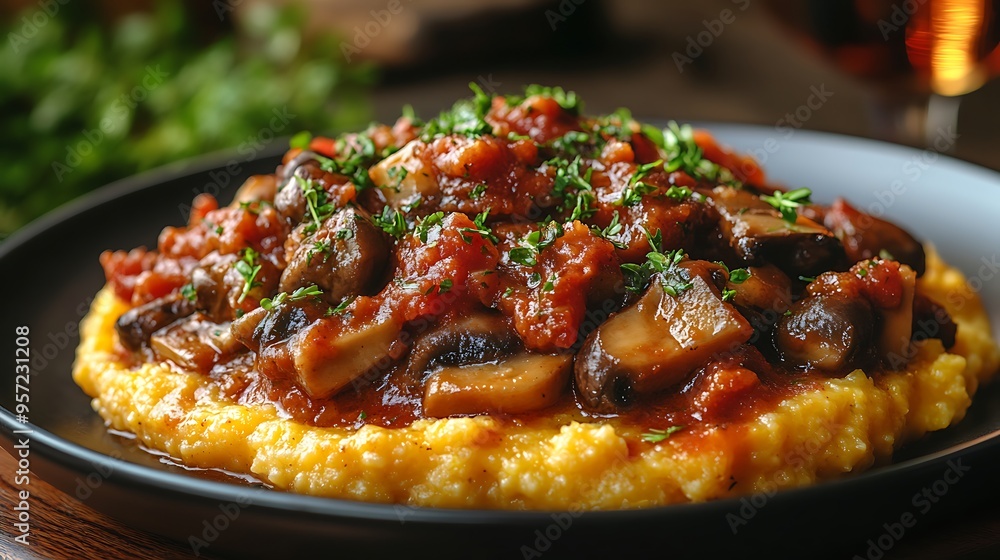 A close-up shot of creamy polenta topped with rich mushroom ragù, served on a dark ceramic plate, with a blurred wine glass softly glowing in the background, A close-up shot of creamy polenta topped with rich mushroom ragù, served on a dark ceramic plate, with a blurred wine glass softly glowing in the background,