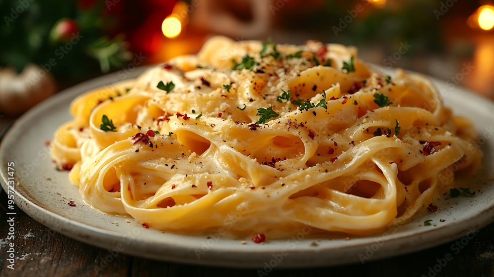 A close-up shot of Fettuccine Alfredo with rich, creamy sauce, garnished with parsley, served on a white dish, with a blurred vase of flowers softly glowing in the background, warm, A close-up shot of Fettuccine Alfredo with rich, creamy sauce, garnished with parsley, served on a white dish, with a blurred vase of flowers softly glowing in the background, warm,