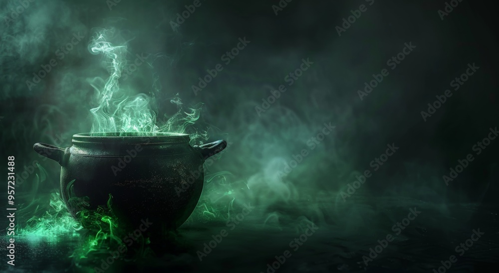 Halloween cauldron with green smoke. Magician wizard banner with copyspace for text. Dark mystery background. Autumn halloween holiday. Witchcraft pot with magic potion Halloween cauldron with green smoke. Magician wizard banner with copyspace for text. Dark mystery background. Autumn halloween holiday. Witchcraft pot with magic potion
