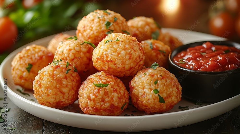 A close-up shot of golden-brown arancini with a side of marinara sauce, served on a pristine white plate, with a blurred Italian street view softly glowing in the background, A close-up shot of golden-brown arancini with a side of marinara sauce, served on a pristine white plate, with a blurred Italian street view softly glowing in the background,