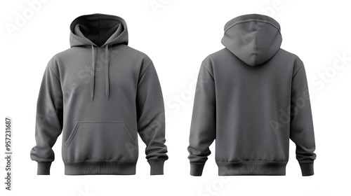 Grey hoodie mockup, front and back view, isolated on white