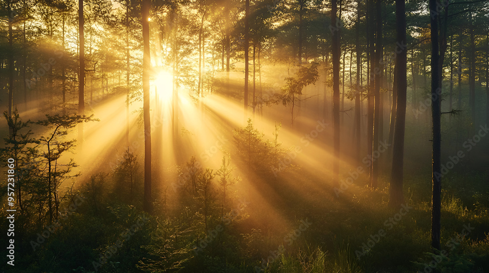 Obraz premium Amazing scenic landscape at early morning in forest. Dazzling bright sunlight through tree branches silhouettes. Rich fall foliage glitter in sunbeams. Wonderful sunrise. Lovely sunset scenery.