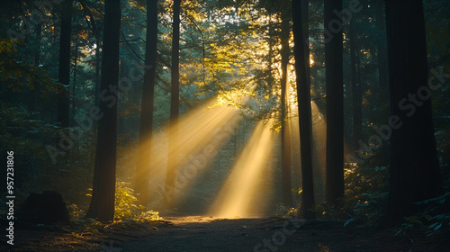 Amazing scenic landscape at early morning in forest. Dazzling bright sunlight through tree branches silhouettes. Rich fall foliage glitter in sunbeams. Wonderful sunrise. Lovely sunset scenery.