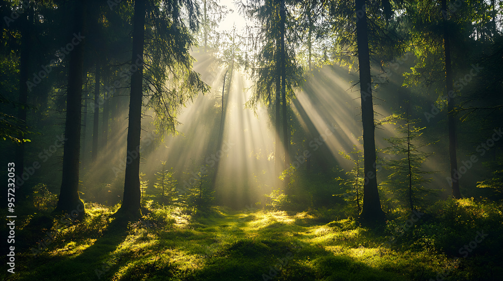 Fototapeta premium Amazing scenic landscape at early morning in forest. Dazzling bright sunlight through tree branches silhouettes. Rich fall foliage glitter in sunbeams. Wonderful sunrise. Lovely sunset scenery.