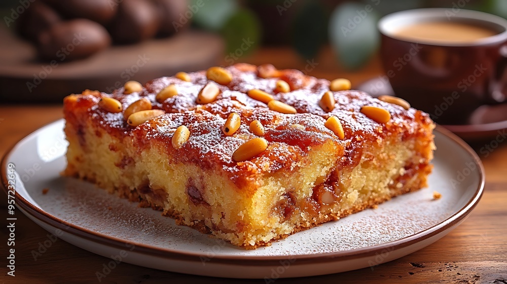 A close-up shot of Torta della Nonna with a golden crust and pine nuts, served on a dessert plate, with a blurred espresso cup softly glowing in the background, A close-up shot of Torta della Nonna with a golden crust and pine nuts, served on a dessert plate, with a blurred espresso cup softly glowing in the background,