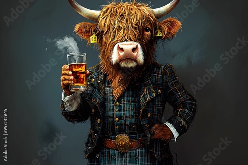 Highland cow in tartan outfit holding a glass of whiskey
