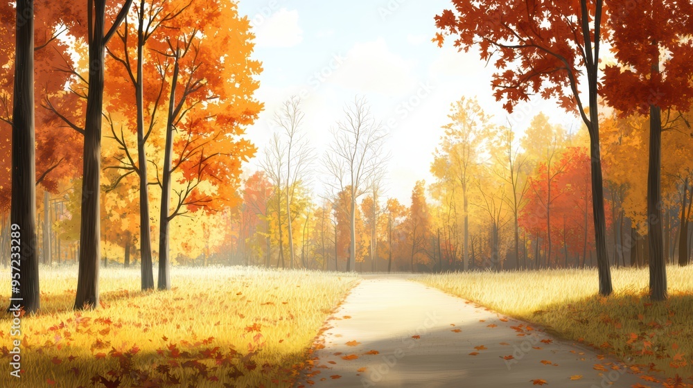 Fototapeta premium Serene Autumn Landscape with Vibrant Foliage and Sunlit Pathway in a Tranquil Forest