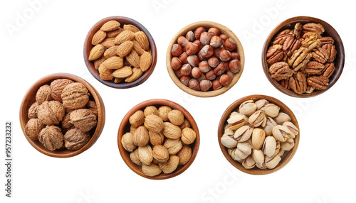 Set of Bowls with Various Nuts, Top View Isolated on Transparent Background, PNG – Diverse, Nutritious, Healthy, Snack, Gourmet, Colorful, Tasty, Assorted, Fresh