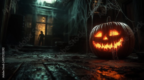 Spooky dimly lit room with cobwebs hanging from the ceiling, a carved pumpkin glowing eerily in the corner, and a shadowy figure lurking in the background