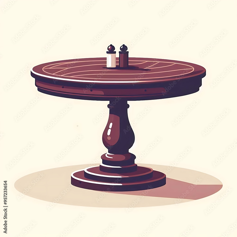 A flat illustration vector image of a round restaurant table with a dark wood finish and a central pedestal base, placed on a solid white background. A flat illustration vector image of a round restaurant table with a dark wood finish and a central pedestal base, placed on a solid white background.