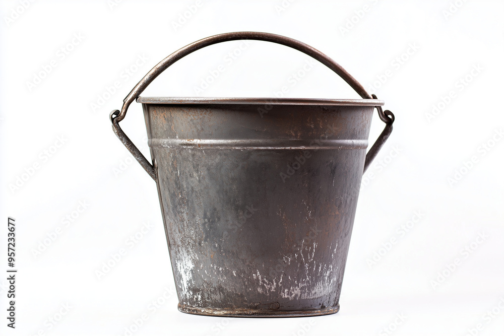 Rustic metal bucket isolated on white background, Close up shot metal corrosion bucket with handle, Old water bucket with handle. Rustic metal bucket isolated on white background, Close up shot metal corrosion bucket with handle, Old water bucket with handle.