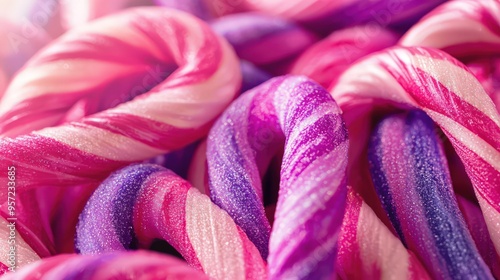 Colorful pink and purple candy canes on a festive holiday card.