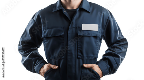 Navy blue mechanic uniform mockup with jumpsuit and name badge