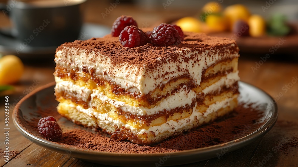 A side view of Tiramisu with rich layers and a dusting of cocoa powder, served on a dessert plate, with a blurred coffee cup in the background, warm light highlighting the textures. A side view of Tiramisu with rich layers and a dusting of cocoa powder, served on a dessert plate, with a blurred coffee cup in the background, warm light highlighting the textures.