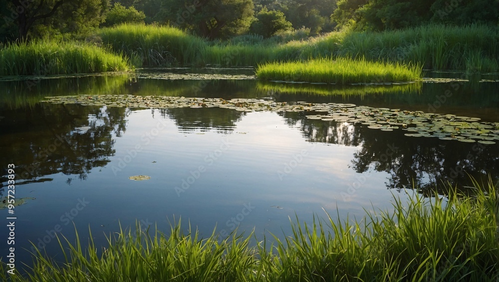 Serene pond with lush green grass and plants, capturing peaceful natural beauty. Serene pond with lush green grass and plants, capturing peaceful natural beauty.