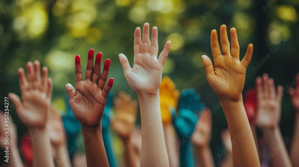 Participants joyfully raise their hands in various colors to express unity and collaboration Participants joyfully raise their hands in various colors to express unity and collaboration
