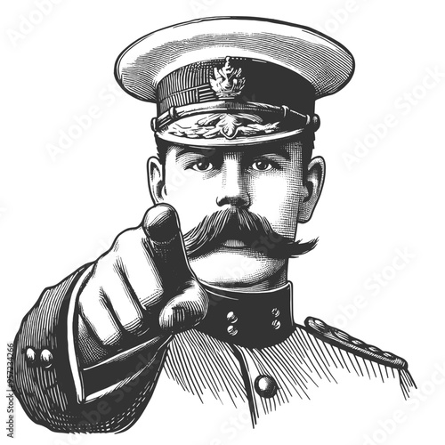 stern military commander, pointing directly forward, symbolizing recruitment, authority, and duty sketch engraving generative ai vector illustration. Scratch board imitation. Black and white image.