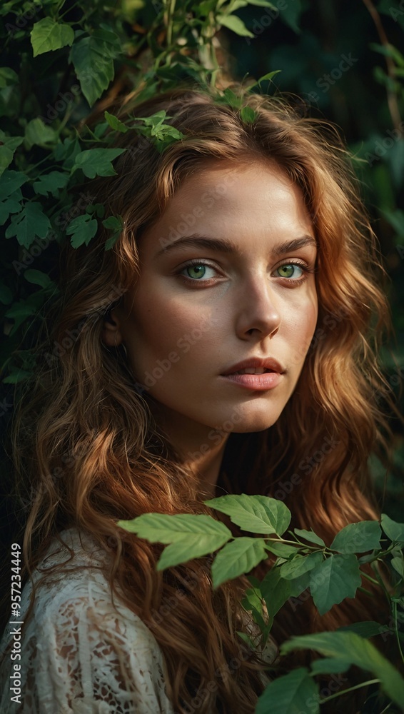 Serene portrait of a young woman with glowing skin, green eyes, and lush hair framed by natural foliage. Serene portrait of a young woman with glowing skin, green eyes, and lush hair framed by natural foliage.