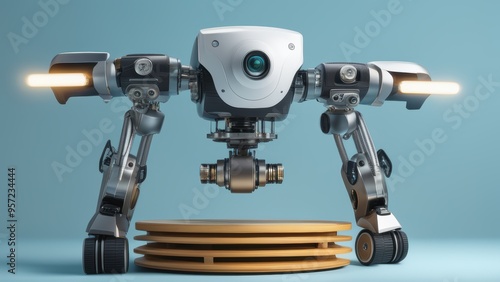 Robot with camera arm stands on circular platform.