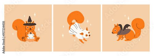 Cute squirrel in halloween costumes. Cartoon squirrel for autumn season, ghost, vampire and witch hat, skull, star and candles. Flat vector collection.