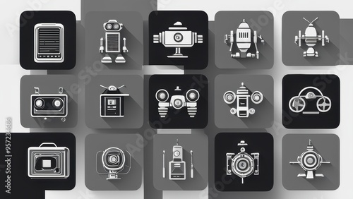 Flat icons of various electronic devices including a radio camera computer mouse and robot in a simple monochromatic style.