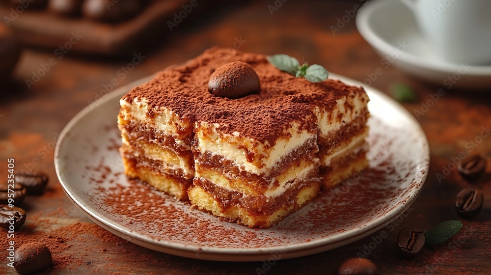 A top-down view of Tiramisu with cocoa powder, served on a pristine dessert plate, with a blurred coffee cup in the background, soft ambient lighting adding warmth to the scene. A top-down view of Tiramisu with cocoa powder, served on a pristine dessert plate, with a blurred coffee cup in the background, soft ambient lighting adding warmth to the scene.