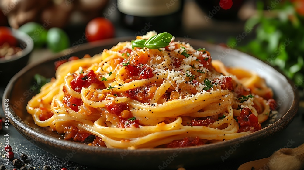 A top-down view of Spaghetti Carbonara served on a rustic plate, surrounded by fresh ingredients like Parmesan and cracked pepper, with a blurred wine bottle in the background, A top-down view of Spaghetti Carbonara served on a rustic plate, surrounded by fresh ingredients like Parmesan and cracked pepper, with a blurred wine bottle in the background,