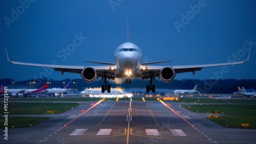 Airplane landing on Airport runway at sunset, stunning sky