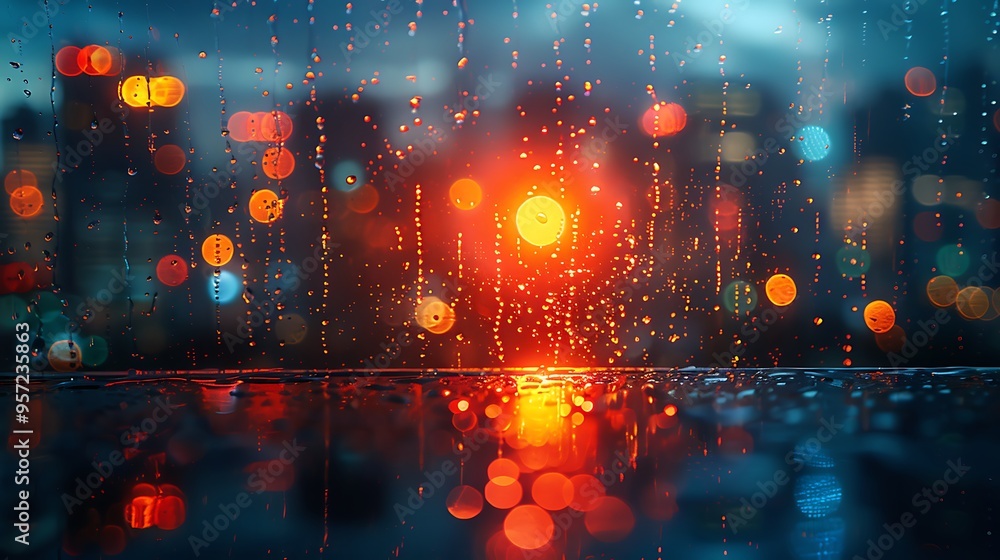 Rain drops on a window pane with a city skyline blurred in the background. Rain drops on a window pane with a city skyline blurred in the background.