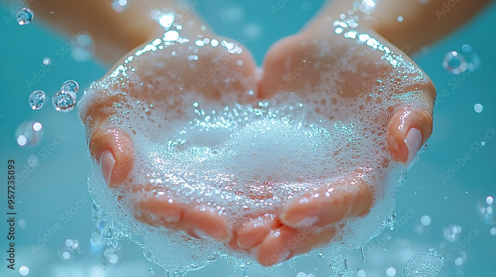 Pink water droplets cascade down a woman's hand, capturing a moment of tranquility Pink water droplets cascade down a woman's hand, capturing a moment of tranquility