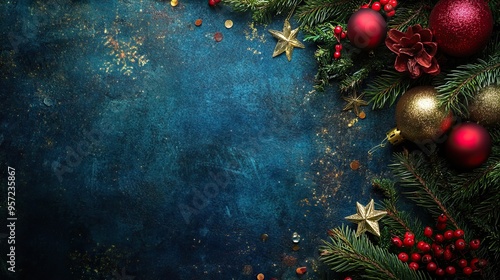 A festive Christmas scene with ornaments, stars, and greenery on a textured blue background, ideal for holiday-themed designs.