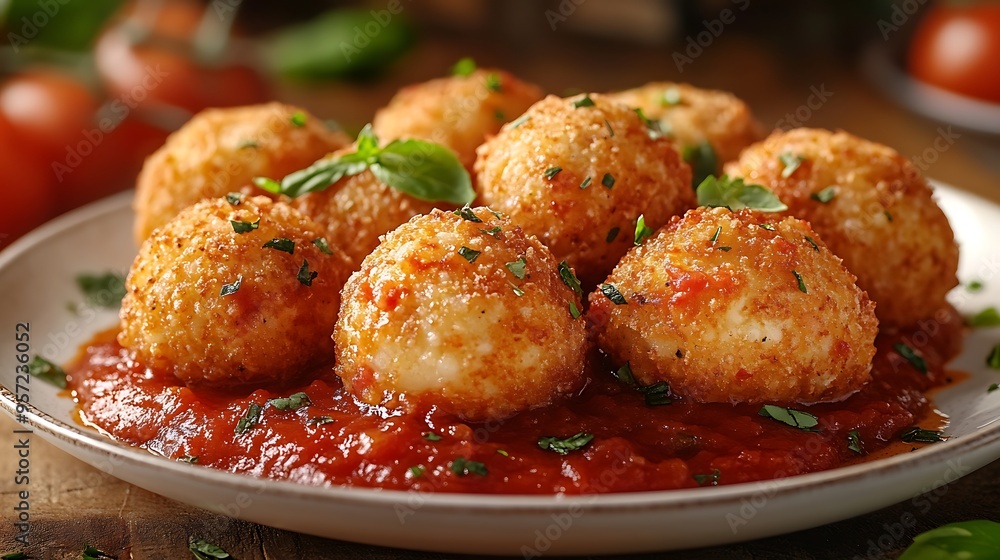Arancini with a crunchy, golden exterior, paired with marinara sauce, served on a white plate, with a blurred Italian street scene in the background, warm light creating a cozy, inviting atmosphere. Arancini with a crunchy, golden exterior, paired with marinara sauce, served on a white plate, with a blurred Italian street scene in the background, warm light creating a cozy, inviting atmosphere.