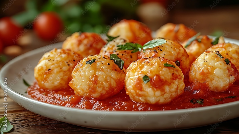 Arancini with a golden-brown exterior, served with marinara sauce on a white plate, with a blurred Italian street view in the background, creating a warm, inviting meal scene. Arancini with a golden-brown exterior, served with marinara sauce on a white plate, with a blurred Italian street view in the background, creating a warm, inviting meal scene.