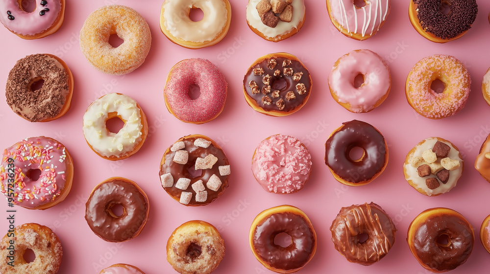 flat lay of an assortment of donuts flat lay of an assortment of donuts