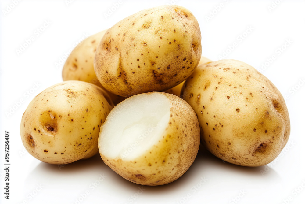 Fresh harvest potatoes isolated on white background, Close up shot potato for chips. Fresh harvest potatoes isolated on white background, Close up shot potato for chips.