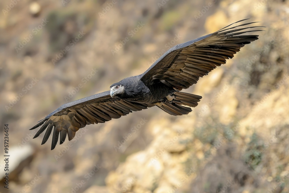 Naklejka premium Andean Condor in Flight Over Rocky Terrain