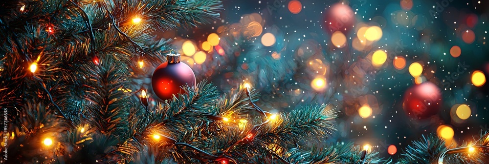 A vibrant Christmas scene featuring pine branches adorned with red ornaments, glowing lights, and a bokeh background creating a warm, festive atmosphere. A vibrant Christmas scene featuring pine branches adorned with red ornaments, glowing lights, and a bokeh background creating a warm, festive atmosphere.