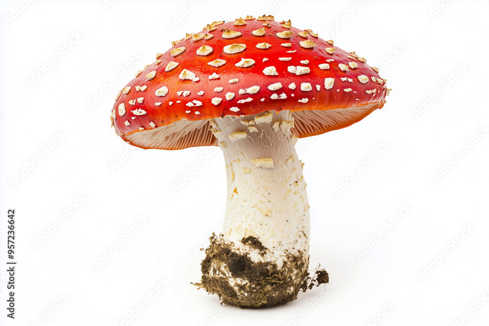 Obraz premium Red mushroom isolated on white background, Close up shot poisonous red mushroom, Red mushroom with rough mushroom cap.
