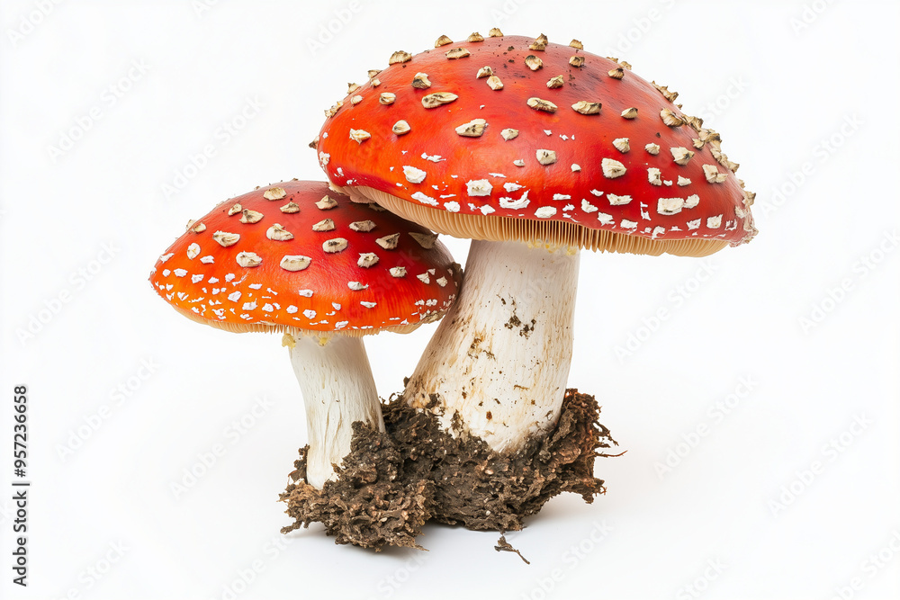 Obraz premium Red mushroom isolated on white background, Close up shot poisonous red mushroom, Red mushroom with rough mushroom cap.