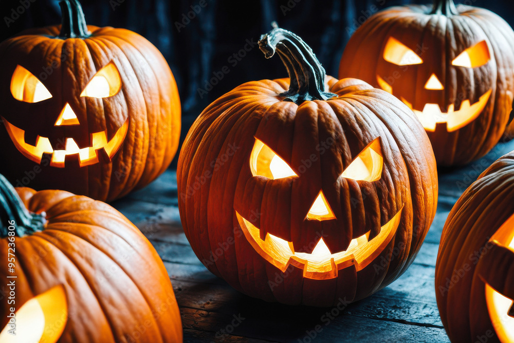 Fototapeta premium Terrifying Close-Up: Halloween Pumpkins with Sinister Smiles. generative AI