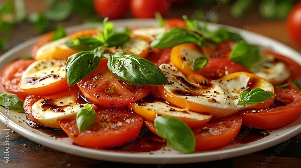 Caprese Salad with fresh mozzarella, juicy tomatoes, and basil leaves, artfully arranged on a white platter, drizzled with balsamic glaze, with a blurred window view in the background, Caprese Salad with fresh mozzarella, juicy tomatoes, and basil leaves, artfully arranged on a white platter, drizzled with balsamic glaze, with a blurred window view in the background,