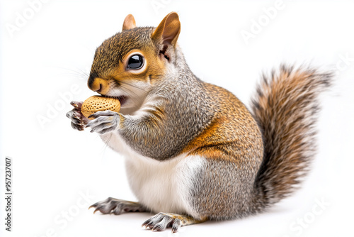 Little cute squirrel with nut on hand isolated on white background, Close up shot chipmunk eating pine cone. photo