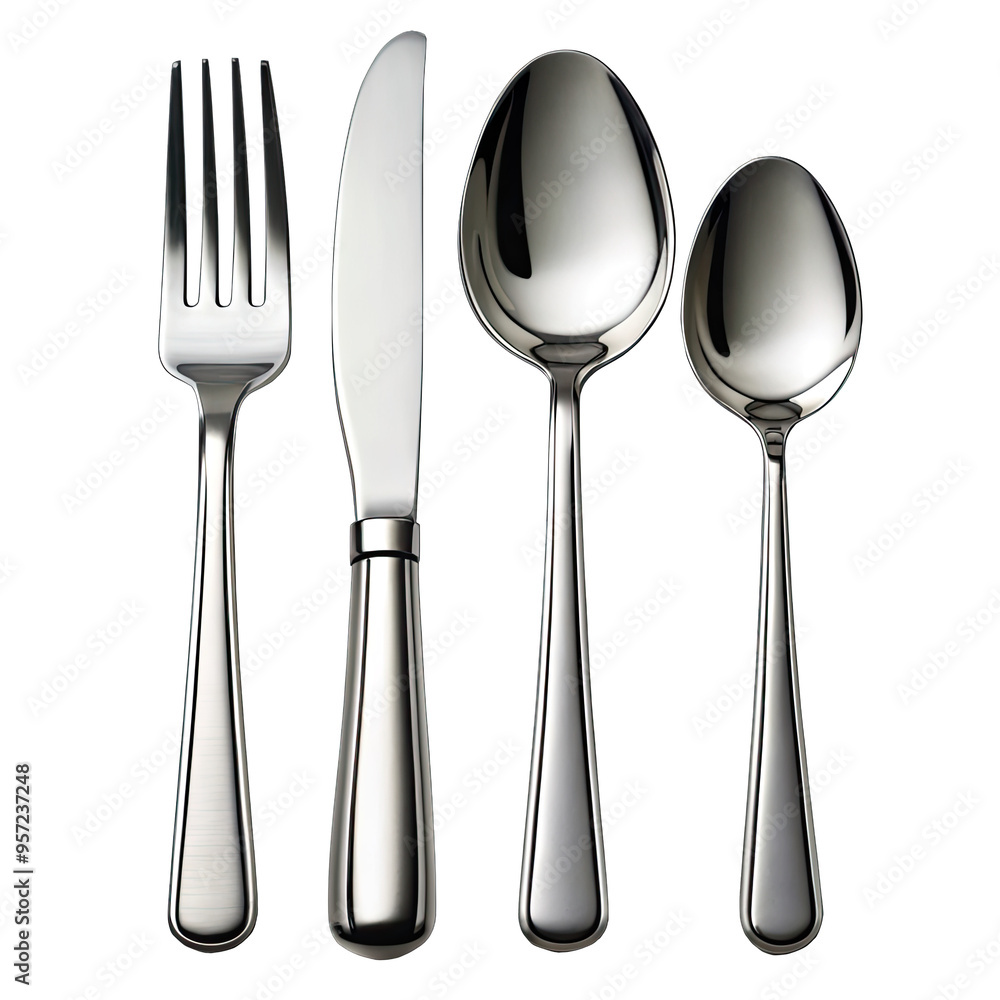 A set of stainless steel cutlery with two forks, a knife, and two spoons on a white background. The elegant, polished utensils are lined up to display their fine craftsmanship A set of stainless steel cutlery with two forks, a knife, and two spoons on a white background. The elegant, polished utensils are lined up to display their fine craftsmanship