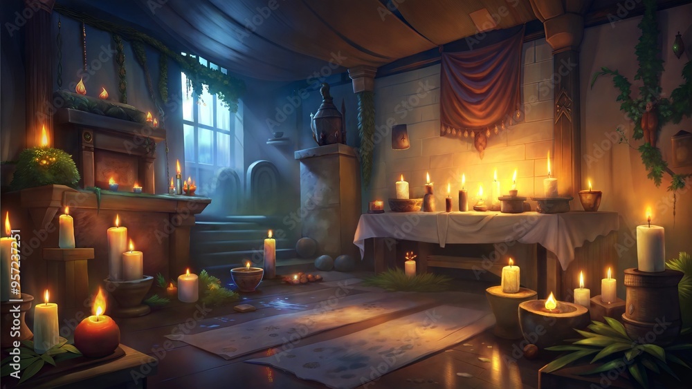 Cozy Medieval Room Illuminated by Candlelight with a Warm and Rustic Atmosphere Cozy Medieval Room Illuminated by Candlelight with a Warm and Rustic Atmosphere