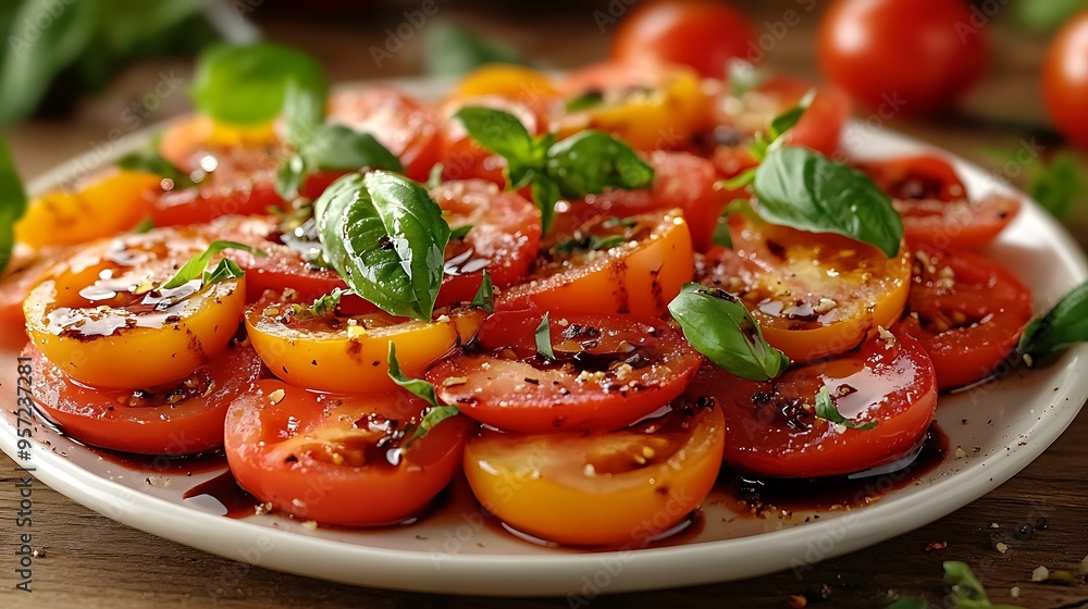 Caprese Salad with fresh mozzarella, ripe tomatoes, and basil, drizzled with balsamic glaze, artfully presented on a white platter, with a blurred window view in the background, Caprese Salad with fresh mozzarella, ripe tomatoes, and basil, drizzled with balsamic glaze, artfully presented on a white platter, with a blurred window view in the background,
