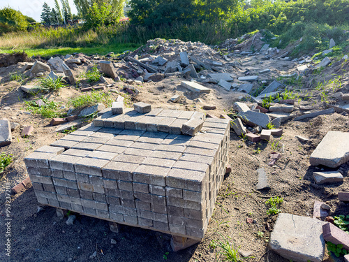 Recycling bricks from debris. Reusable building materials abstract. photo