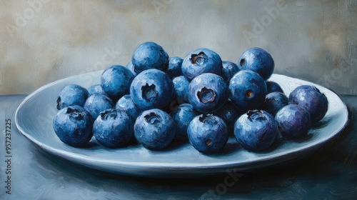 Close up oil painting featuring large fresh blueberries resting on a gray plate