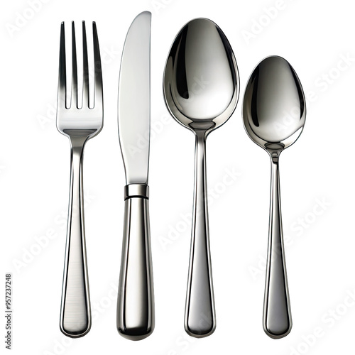 A set of stainless steel cutlery with two forks, a knife, and two spoons on a white background. The elegant, polished utensils are lined up to display their fine craftsmanship