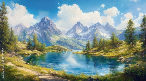 Vibrant oil painting depicting a summer panorama of a scenic lake with majestic mountains in the background showcasing a beautiful outdoor scene in a natural reserve within the Alps